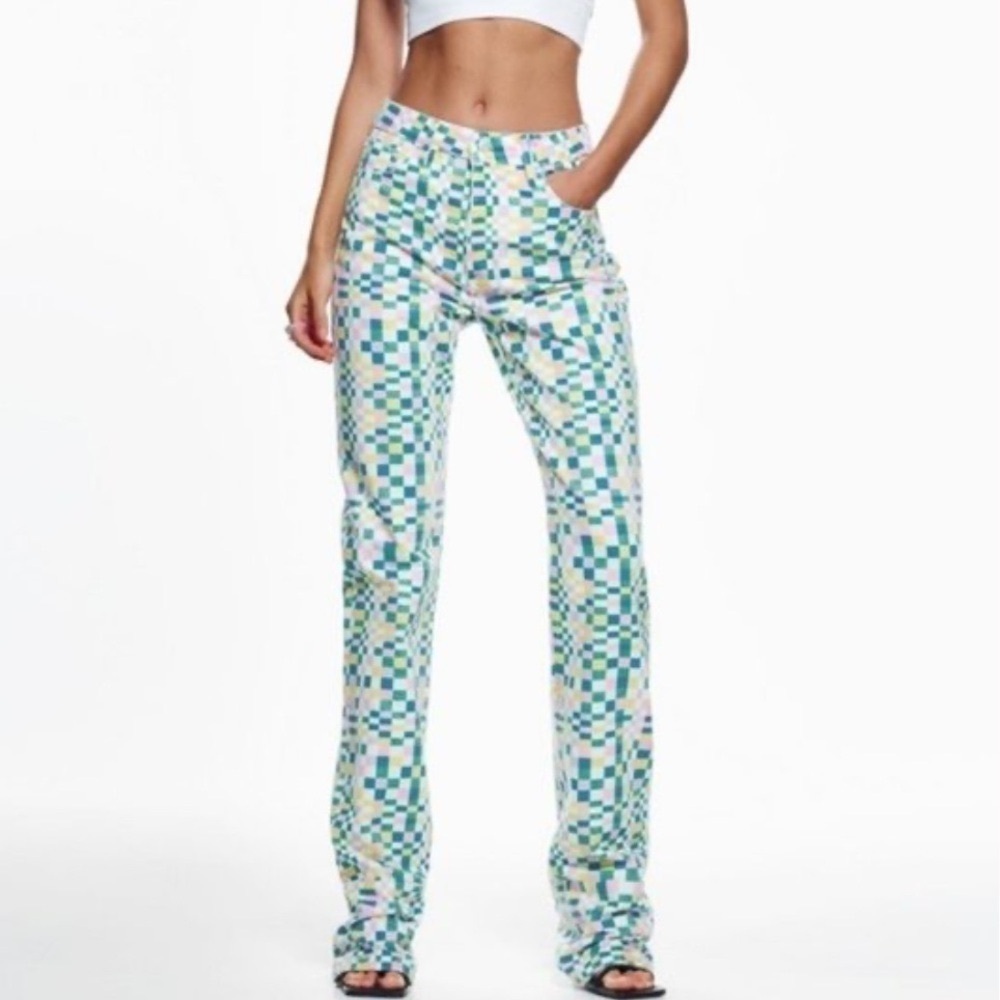 Zara Like New Check Print High Rise Straight Leg Jeans with Button Fly Size 8
